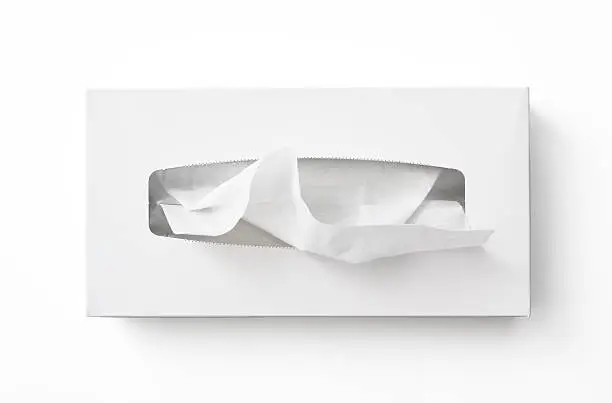 Overhead shot of opened blank tissue paper box isolated on white background with clipping path.