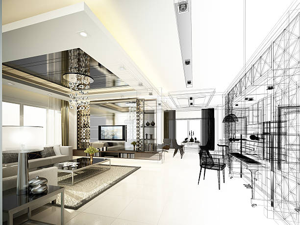 istock sketch design of living ,3dwire frame render 533573160
