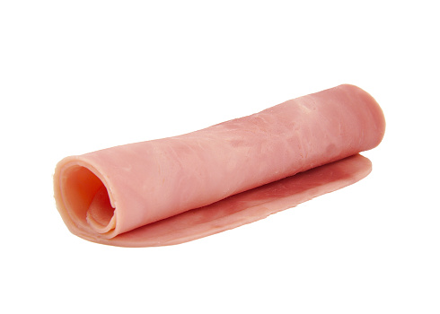Three cooked boiled and rolled ham sausage isolated on white background