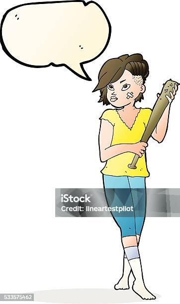 Cartoon Pretty Punk Girl With Baseball Bat With Speech Bubble Stock Illustration - Download Image Now