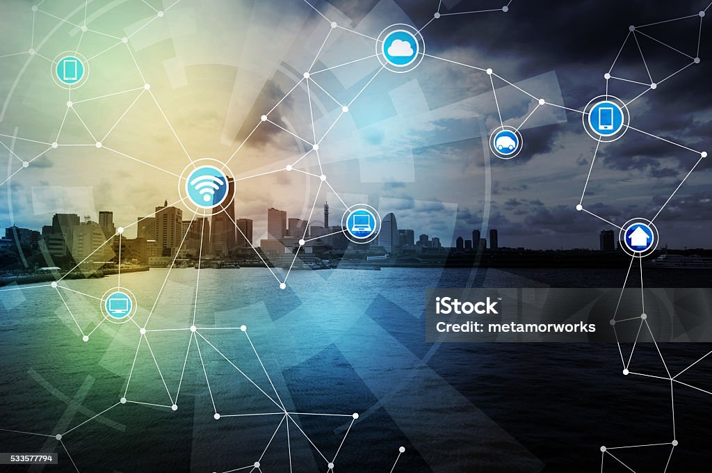 inteligente red de comunicación de la ciudad y acceso inalámbrico a internet de de las cosas - Foto de stock de Abstracto libre de derechos