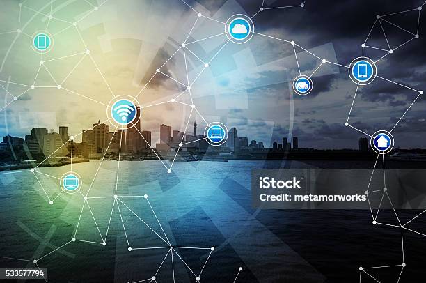 Smart City And Wireless Communication Network Internet Of Things Stock Photo - Download Image Now