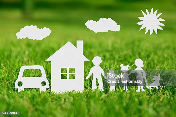 Paper Cut Of Family With House And Car Stock Photo - Download Image Now - House, Car, Family