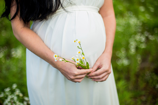 Beautiful pregnant woman with flower.
