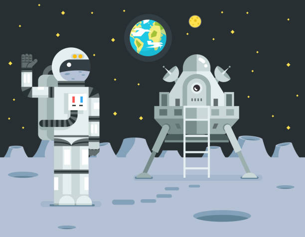 Cosmonaut Astronaut Landing Planet Lander Icon on Stylish Earth Moon vector art illustration