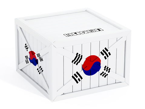South Korea flag textured wooden crate isolated on white.