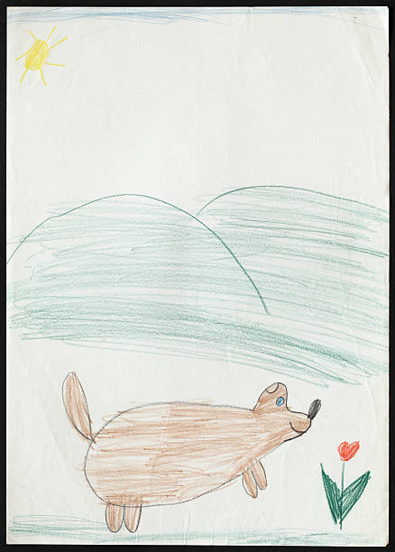 Dog and Tulip Flower. Child's Drawing.