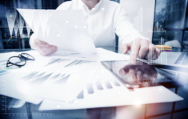 istock Sales Management Work Time Process.Photo Trader working Market Report 533582328