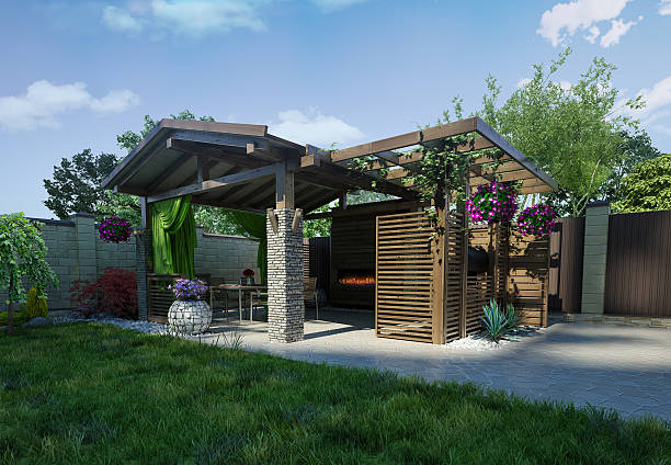 venkovní posezení, 3d vykreslování - pergola zahradním prvkem - stock snímky, obrázky a fotky