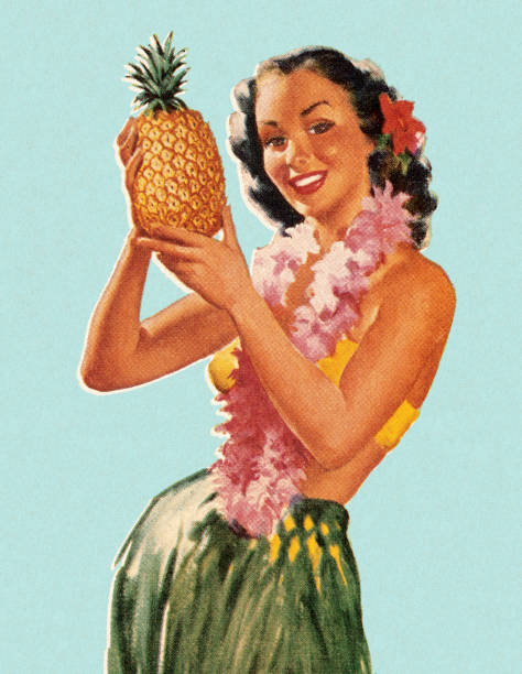 kuvapankkikuvitukset aiheesta hula tyttö pitelee ananasta - grass skirt