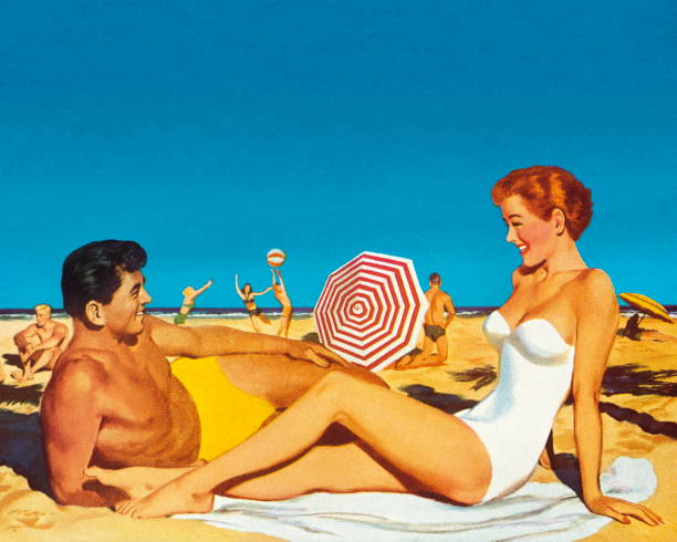 stockillustraties, clipart, cartoons en iconen met happy couple on a beach - sunbathing