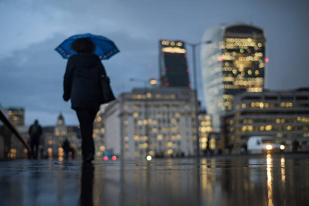Defocused view of London skyline on a rainy day stock photo