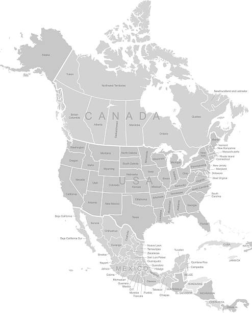 illustrazioni stock, clip art, cartoni animati e icone di tendenza di vettoriale dettagliata mappa di nord america - north american