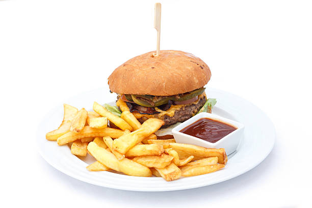 istock Cheese burger and chips with ketchup on a white plate. 533614151