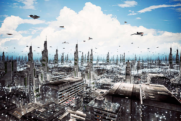istock Futuristic cityscape with dense architecture and flying aircrafts 533628707