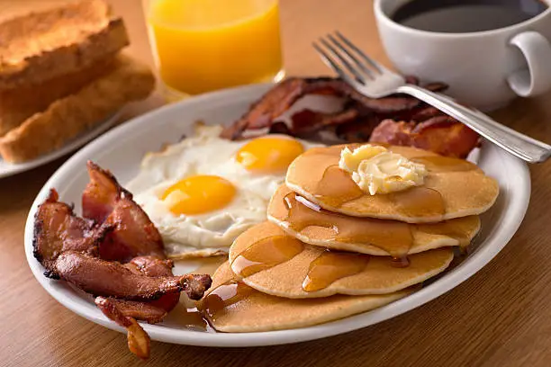 Photo of Breakfast with bacon, eggs, pancakes, and toast