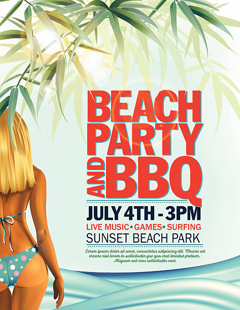 Summer Beach Party Invitation With Woman In Bikini And Waves Summer Beach Party Invitation With Woman In Bikini And Waves. There are palm tree leaves scattered randomly across the top of the poster with the waves at the bottom on a pastel blue background. There is a blonde hair woman in a polka dot bikini on the left side of the poster. The text is in the middle. polka dot bathing suit stock illustrations