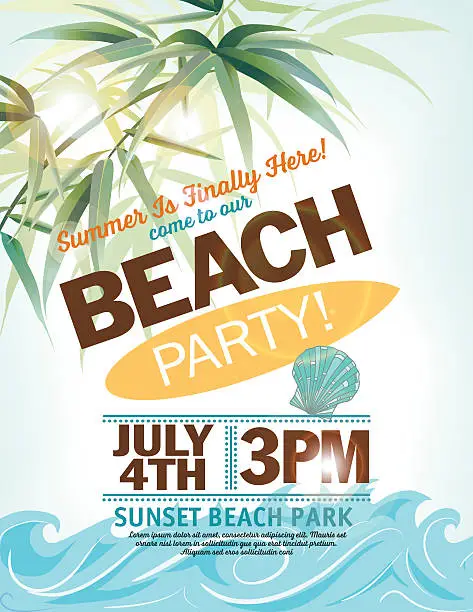 Vector illustration of Summer Beach Party Invitation With Palm Leaves Waves