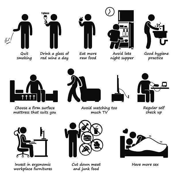 Healthy Lifestyles Do and Don't Stick Figure Pictogram Icons How become more healthy. Quit smoking, drink red wine, eat fruits, avoid late night supper, wash your hand, get a firm bed, avoid watching too much TV, regular health check up, invest in ergonomic chair, avoid meat junk food, and have more sex. dont eat meat stock illustrations