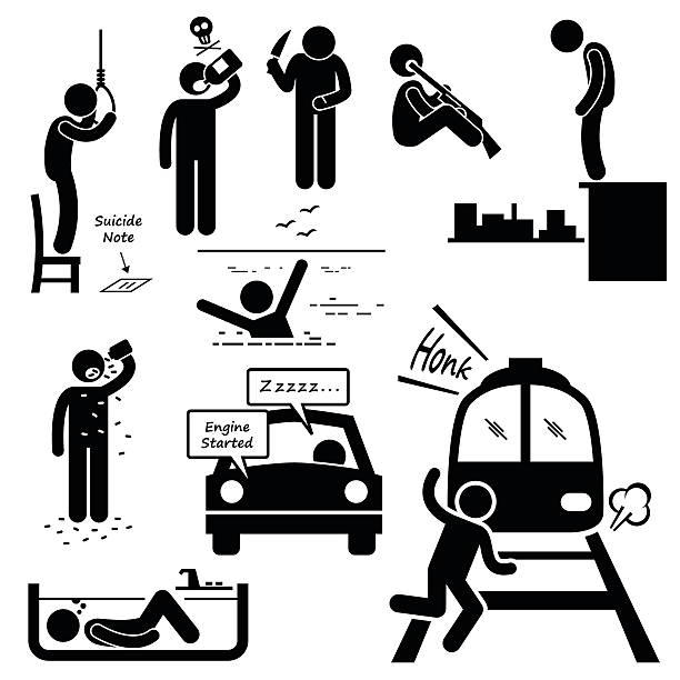 Suicidal Commit Suicide Methods Stick Figure Pictogram Icons Man committing suicide by hanging, drinking pesticide, cutting wrist, gun into mouth, jumping from building, drug overdose, drowning, sleeping in the car with engine on, and jumping to the railway to be hit by train. knife wound illustrations stock illustrations