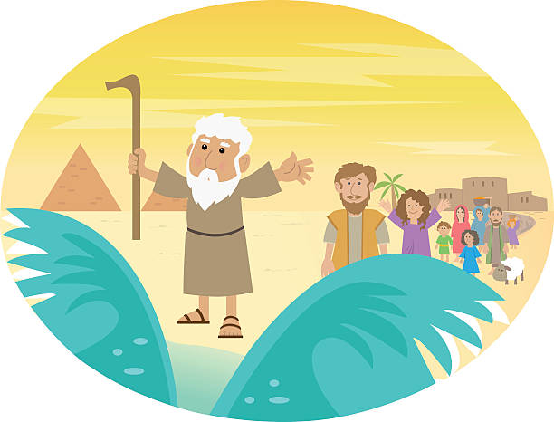 Moses Splitting The Sea Cute cartoon of Moses splitting the red sea with the Israelite leaving Egypt. Eps10 religious text stock illustrations