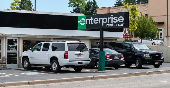 Fort Collins, Colorado, USA - August 25, 2013: The Enterprise Rent-A-Car location in Fort Collins. Founded in 1957, Enterprise Rent-A-Car is the largest car rental service in the US with revenues of over $12 Billion.