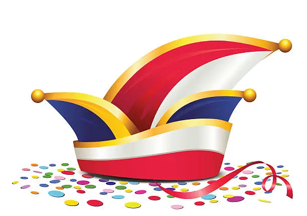 Vector illustration of Carnival hat with confetti, German Carnival Jester's Hat