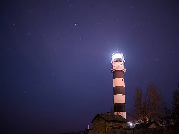 istock Black and white lighthouse at night in Baltic sea beach 533649775