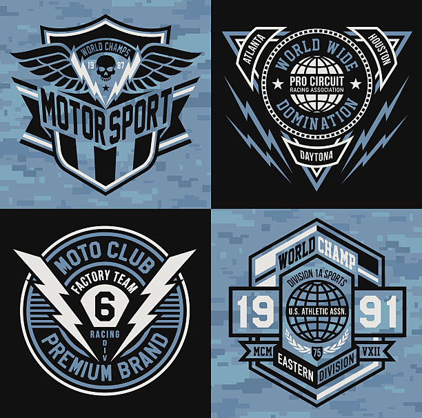 ilustraciones, imágenes clip art, dibujos animados e iconos de stock de insignias conjunto de emblema de deportes - motorized sport motor racing track motorcycle racing auto racing