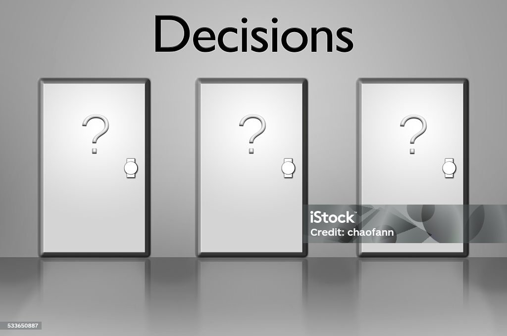 Doors of Decisions Three Doors illustration as options for a big decision. Choosing Stock Photo