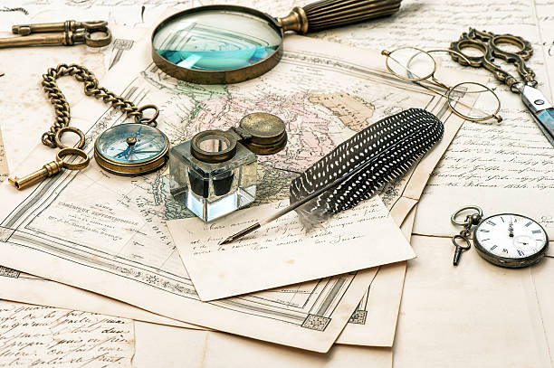 istock old letters and maps, vintage ink pen, antique accessories 533665687