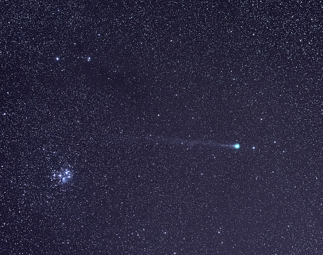 Long periodic Comet Lovejoy with the Pleiades Star Cluster.  Guided long exposure.