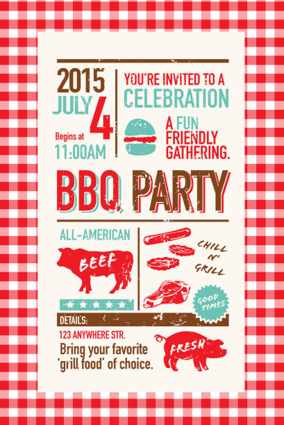 BBQ invitation design template on checkered tablecloth Cute Backyard BBQ themed invitation template on paper background. Checkered red and white tablecloth frame. Red, teal and brown color themes with offwhite background. Perfect for invitation design for picnic invitation design template, summer barbecue event, picnic celebration, backyard bbq, private or Independance Day, Fourth of July, fun family event gathering. Meat cuts, pig, steer, steak. tablecloth illustrations stock illustrations