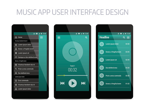 Music modern app user interface design. Vector template with navigation and player.