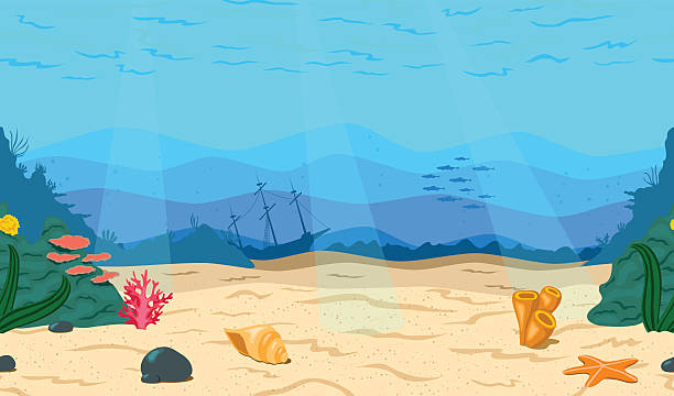 Cartoon sea, ocean. Underwater The seabed for the game. Horizontal seamless coral reef. Nautical background. Underwater world. sand river stock illustrations