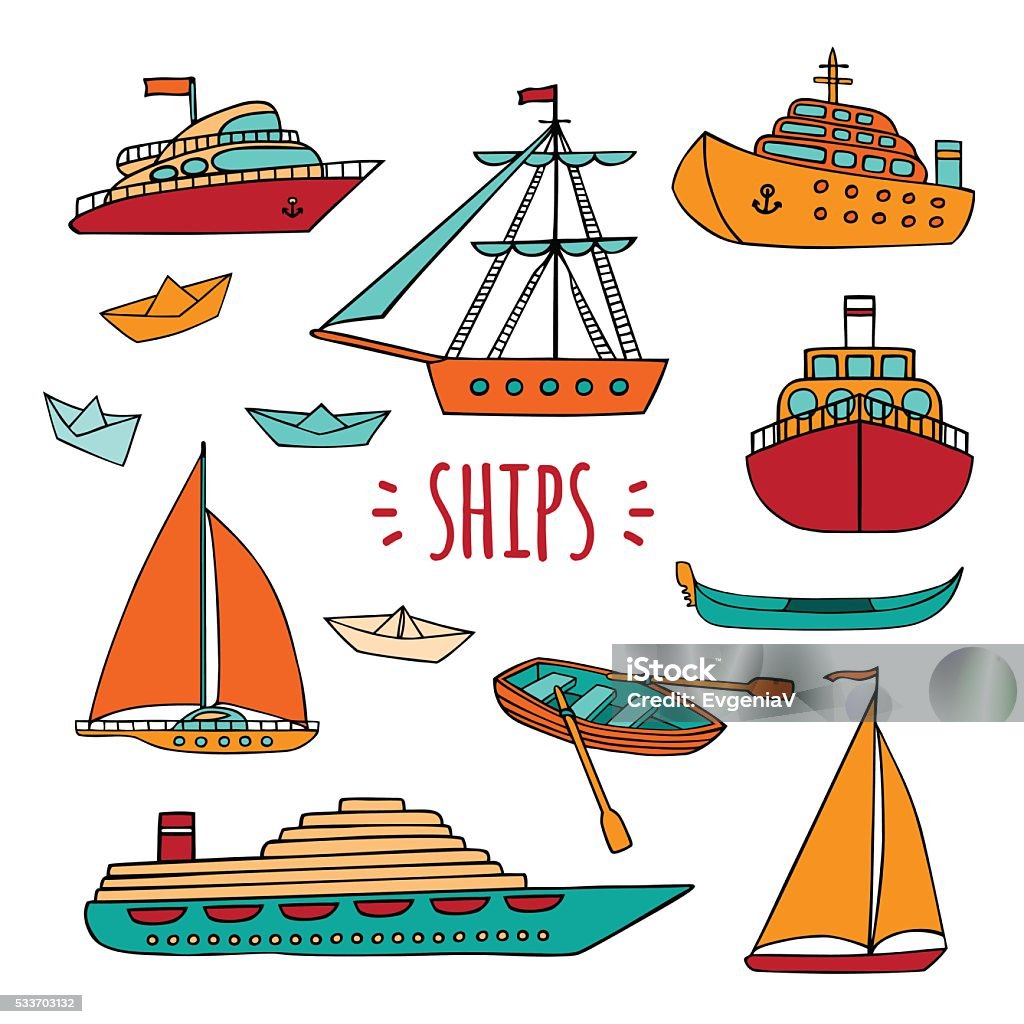 Large set of marine vessels. Vector set of Maritime transport in Doodle style. Ship, boat, vessel, ship, paper ship, cruise liner, yacht, gondola. Isolated objects on white background. Art stock vector