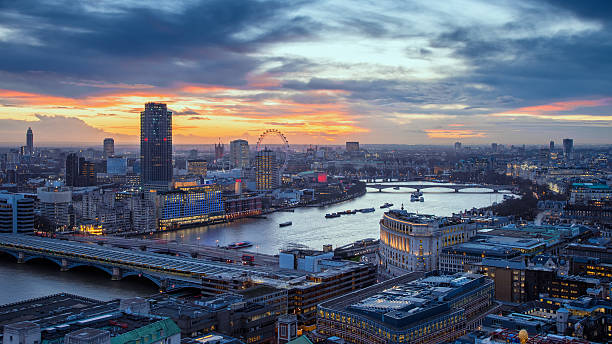 Aerial skyline of central London with famous landmarks stock photo