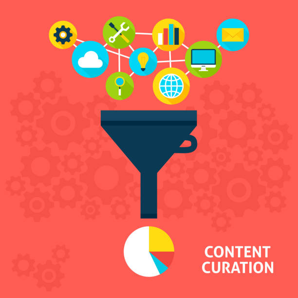 Content Curation Flat Concept Content Curation Flat Style Concept. Vector illustration of Big Data Filter. Data Analysis. separating funnel stock illustrations