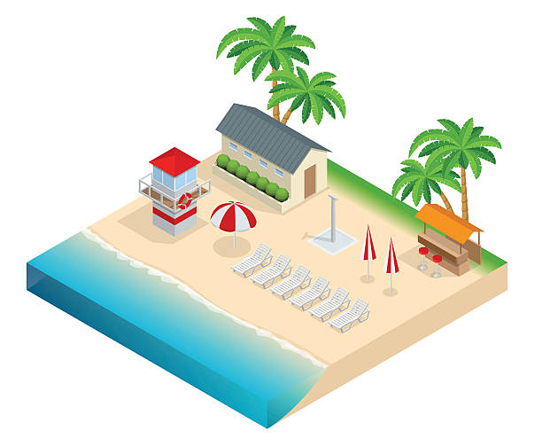 ilustraciones, imágenes clip art, dibujos animados e iconos de stock de en la playa - isometric sea coastline beach