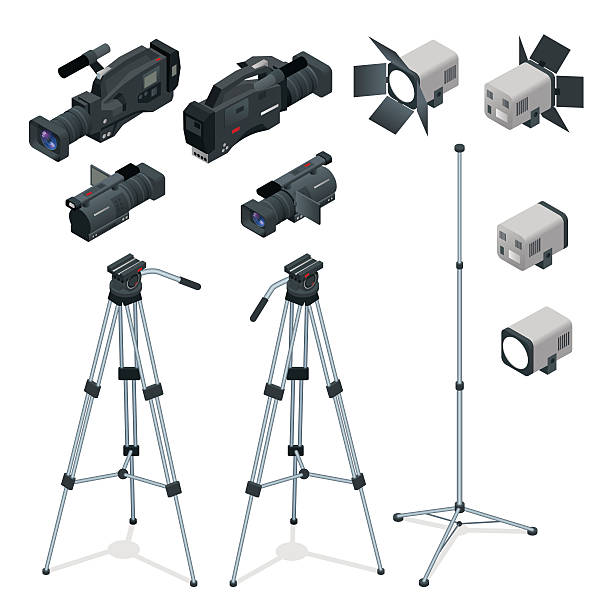 Professional digital video Professional digital video camera set on a tripod. Film lens, television camera. Spotlights realistic transparent. Flat 3d isometric illustration tripod stock illustrations