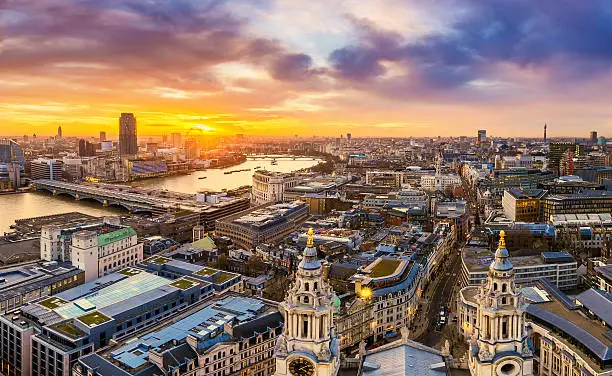 Beautiful sunset over central London with famous landmarks, shot from top of St.Paul's Cathedral - London, UK