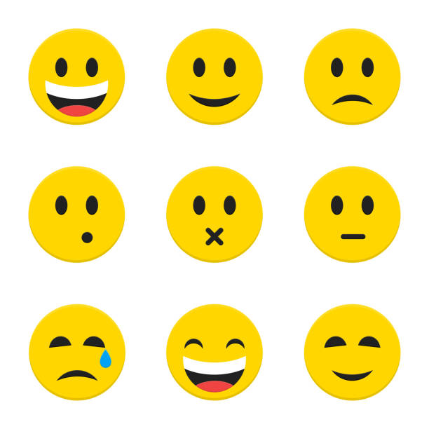 Yellow Smiley Faces over White Yellow Smiley Faces Objects. Vector Illustration of Flat Style Icons isolated over White. Sullen stock illustrations