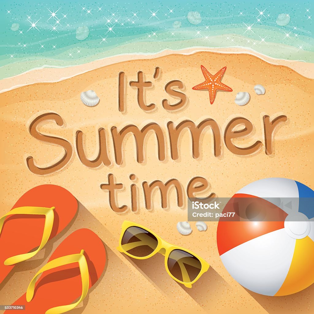 Summer Background with text on sand “It’s Summer time” Summer Background with beach summer accessories and text written in the sand “It’s Summer time” Beach stock vector