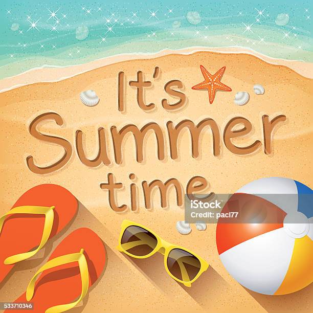 Summer Background With Text On Sand Its Summer Time Stock Illustration - Download Image Now