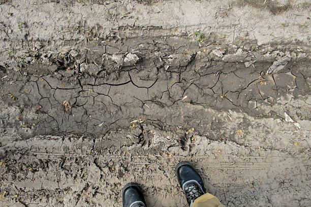 istock Top view on mud in rural road track and boots. 533711670