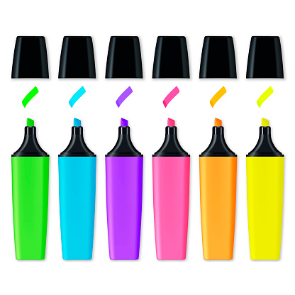 Multicolored highlighters isolated on a blank background. Colors : green, blue, purple, pink, orange, yellow.