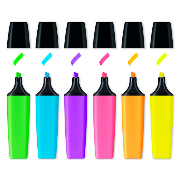 Collection of colored highlighters with markings Multicolored highlighters isolated on a blank background. Colors : green, blue, purple, pink, orange, yellow. highlights stock illustrations