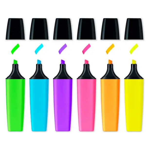 Vector illustration of Collection of colored highlighters with markings