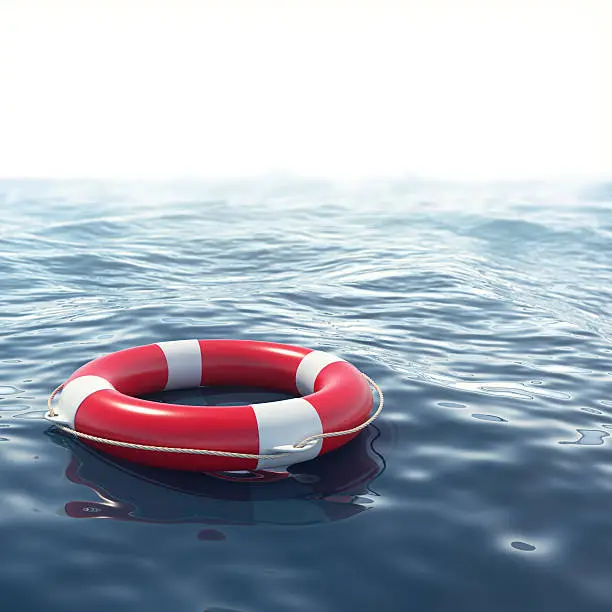 Red lifebuoy in blue sea with depth of field effect. 3d illustration