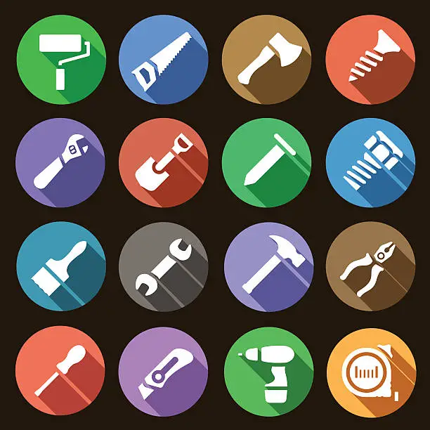 Vector illustration of Set of round flat icons work tools with shadow effect